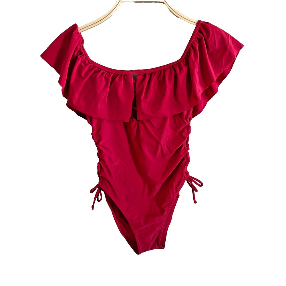 YMI Women's One Piece Tank Top Swim Suit Red Size Medium Drawstring Off Shoulder
